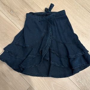 Ruffled, front slit denim skirt